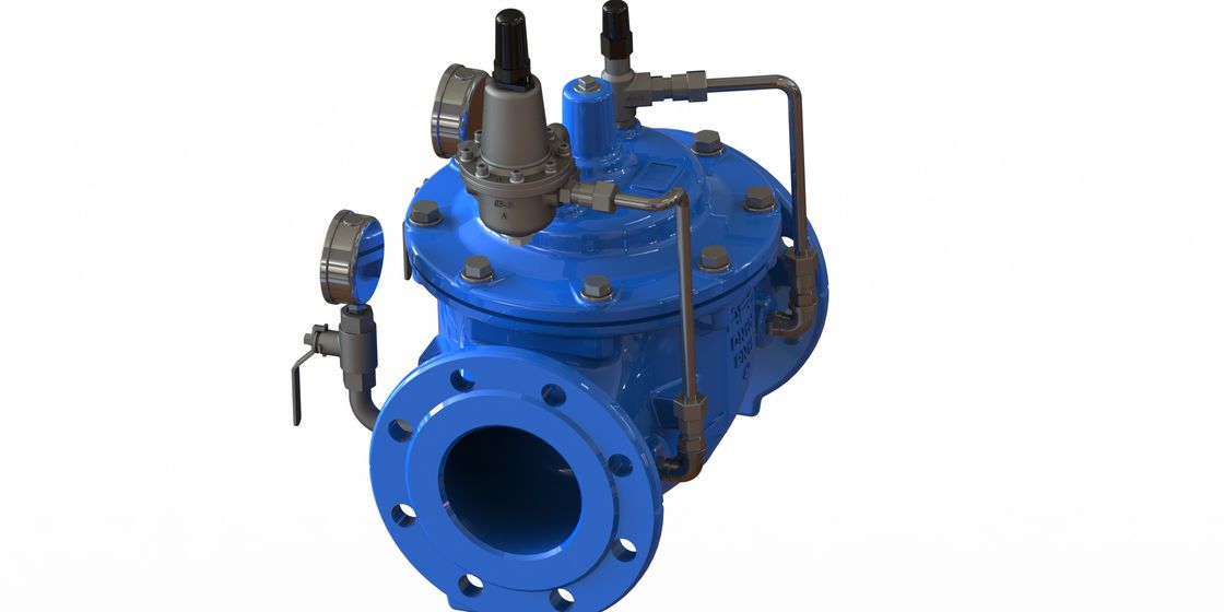 Valvola di riduzione della pressione dell'acqua con membrana in EPDM e rinforzo in nylon, con connessione flangiata EN1092-2 e materiale GGG50